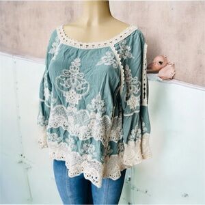 DEMOCRACY Cold Shoulder Embroidery Bohemian Top